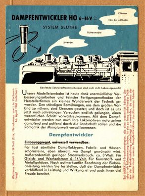 Seuthe H0 Anleitung für Dampfentwickler 6-16V Dampfgenerator Rauchgenerator 1960