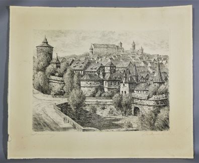 Singnierter Kupferstich Stich Nürnberg Hallertor Burg Altstadt Bild signiert antik