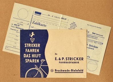Stricker Fahrradfabrik Brackwede Briefumschlag & Zahlkarte Oldtimer-Fahrrad-Utensil