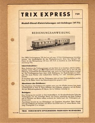 Trix Express H0 Anweisung Anleitung für 759 Triebwagenzug VT75 VT 75 Schienenbus 50er