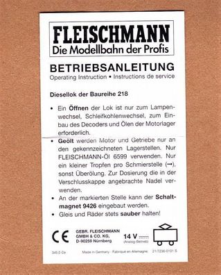 Fleischmann piccolo N Anleitung Pflege Wartung Betriebsanleitung BR218 BR 218