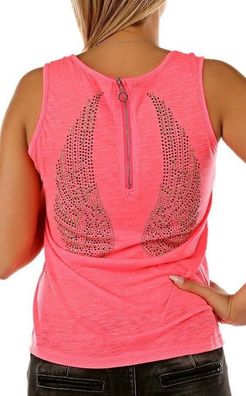 SeXy Miss Damen Tank Top Shirt Rücken Zipp Glamour Steinchen Flügel 34/36/38 Pink