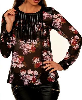 SeXy MiSS Damen Flower Bluse Top Chiffon Fransen Look S 34 M 36 L 38 Bunt schwarz