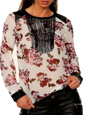 SeXy MiSS Damen Flower Bluse Top Chiffon Fransen Look S 34 M 36 L 38 Bunt weiß