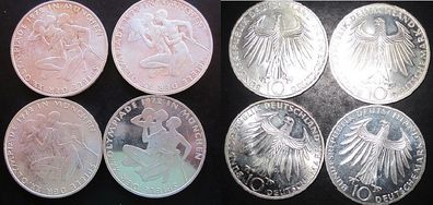 4-et Set 10 DM Gedenkmünzen 1972 Präg. D, F, G und J. NEU wie 1972 gekauft.