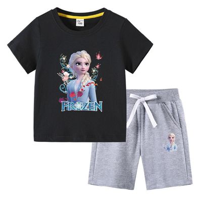 2er Set Mädchen Anzug Frozen Elsa T-shirt mit Schwarz Kurzhose Kinder Sportanzug