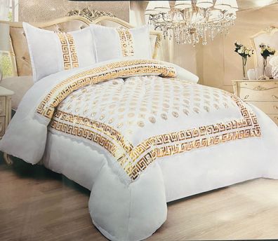 230x250cm Medusa Bettwäschen Set 3 TLG. Luxus Tagesdecke mit Kissen Weiß-Gold