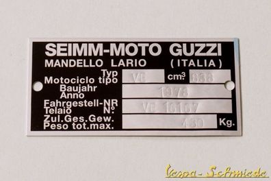 Typenschild "SEIMM-MOTO GUZZI" inkl. Beschriftung - Type ID-Plate Rahmen