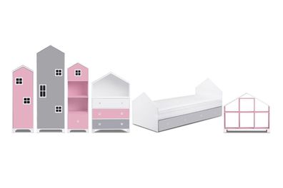 Ein Satz Kindermöbel 6-tlg. zu Kinderzimmer in Farbe weiß / grau / rosa Konsimo.