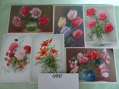 6 x sehr alte Postkarten Colorprint sprl Bruxelles Belgien Dahlien Nelken Lilien...