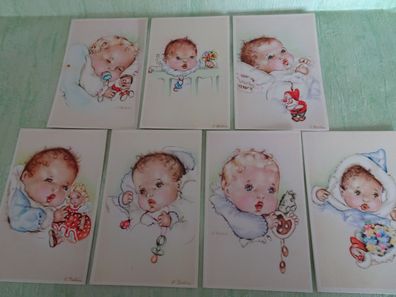 7 x sehr alte Postkarten Belgien Colorprint Baby Taufe Geburt.... Ballin / Battin ?
