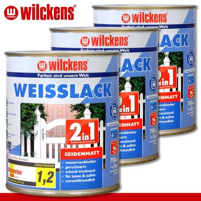 Wilckens 3 x 750 ml Weisslack 2in1 seidenmatt für innen und außen Geruchsarm