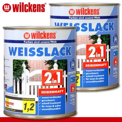 Wilckens 2 x 750 ml Weisslack 2in1 seidenmatt für innen und außen Geruchsarm