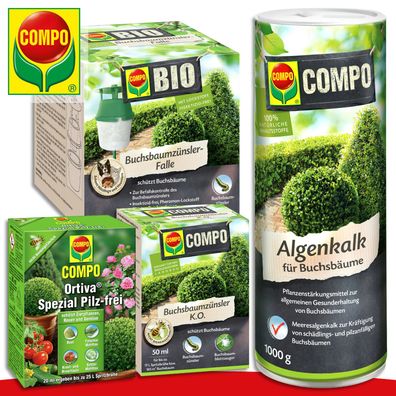 COMPO 4er Buchsbaum-Pflege-Set: Algenkalk, Zünsler-Falle, Zünsler K. O, Pilz-frei