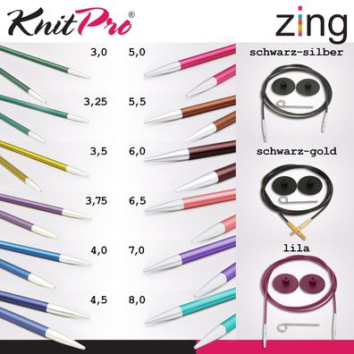 Knit Pro Zing Austauschbare Nadelspitzen 10,5 cm in 12 Größen und passende Seile