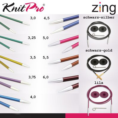 Knit Pro Zing Austauschbare Nadelspitzen Länge 10 cm 9 Größen und passende Seile