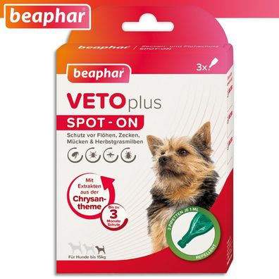 Beaphar 3x1ml VETOplus SPOT-ON Ungezieferschutz für Hunde bis 15 kg Floh Zecken