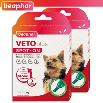 Beaphar 2 Pack à 3 x 1ml VETOplus SPOT-ON Ungezieferschutz für Hunde bis 15 kg