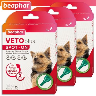 Beaphar 3 Pack à 3 x 1ml VETOplus SPOT-ON Ungezieferschutz für Hunde bis 15 kg