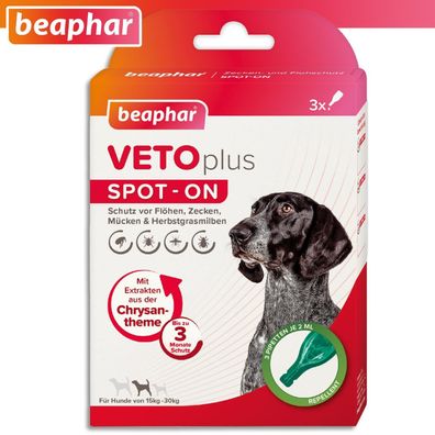 Beaphar 3 x 2 ml VETOplus SPOT-ON Ungezieferschutz für Hunde von 15-30 kg Flöhe