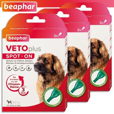 Beaphar 3 Pack à 3 x 4 ml VETOplus SPOT-ON Ungezieferschutz für Hunde ab 30 kg
