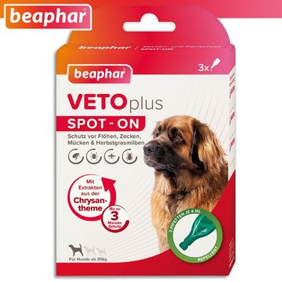 Beaphar 3x4 ml VETOplus SPOT-ON Ungezieferschutz für Hunde ab 30 kg Flöhe Zecke