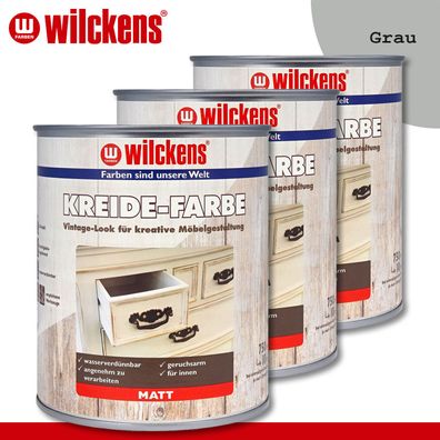 Wilckens 3 x 750 ml Kreidefarbe grau Vintage-Look Innen Kreativ Anstrich Matt