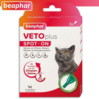 Beaphar 3x 1 ml VETOplus SPOT-ON Ungezieferschutz für alle Katzen ab 12 Wochen