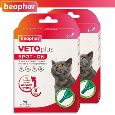 Beaphar 2 Pack à 3 x 1ml VETOplus SPOT-ON Ungezieferschutz Katzen ab 12 Wochen