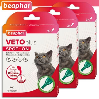 Beaphar 3 Pack à 3 x 1ml VETOplus SPOT-ON Ungezieferschutz Katzen ab 12 Wochen