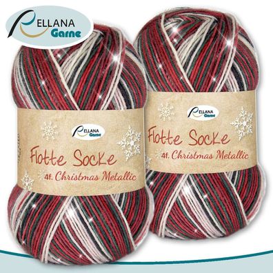 Rellana 2 x 100 g Flotte Socke Christmas 2022 4-fädig Sockenwolle mit Glitzer