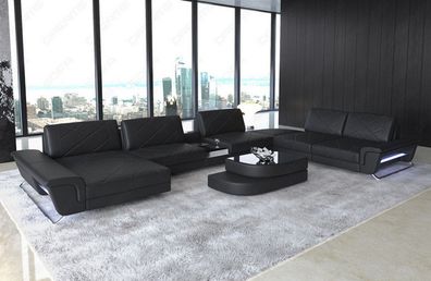 Ledersofa Bari XL Leder schwarz Sofa mit LED Ledercouch Beleuchtung - USB Anschluss