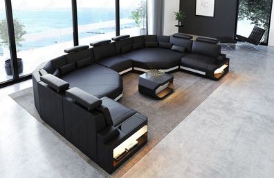 Ledersofa Wohnlandschaft Asti XXL Sofa mit LED Couch Beleuchtung - USB Anschluss