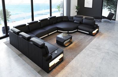 Ledersofa Wohnlandschaft Asti U Form Sofa mit LED Couch Beleuchtung - USB Anschluss