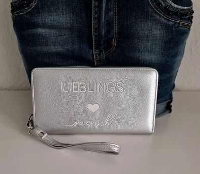 XL Damen Portemonnaie Geldbörse "Lieblingsmensch" Kunstleder Fächer Silber