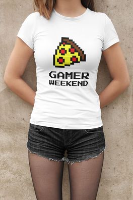 Bio Damen T-Shirt Old School Retro Love Gaming Pixel Pizza Gamer Weekend
