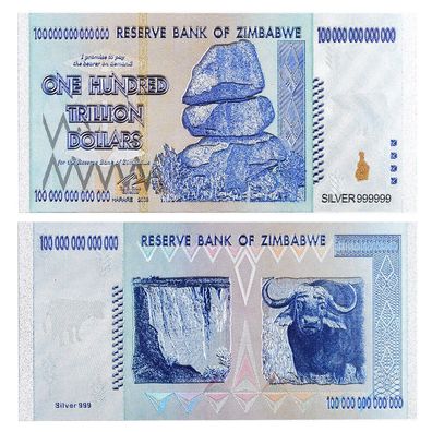 Hundred Trillion Dollar Silver Plated Banknote Zimbabwe 2008