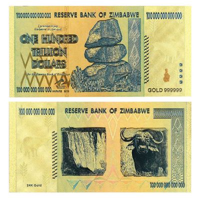 Hundred Trillion Dollar 2008 vergoldete Banknote Zimbabwe