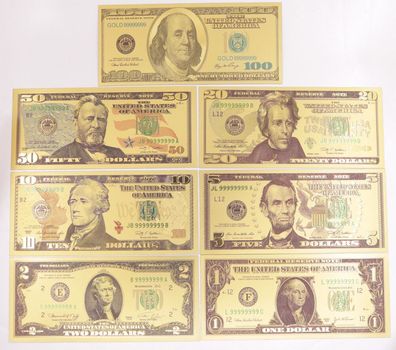 7 Stück Souvenier Dollar Banknoten Goldfolie USA