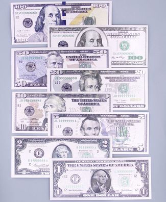 8 Souvenier Banknoten USA Dollar Silber Plated