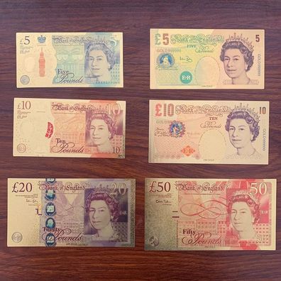 6 Stück Sammler Banknoten Großbritannein Goldfolie