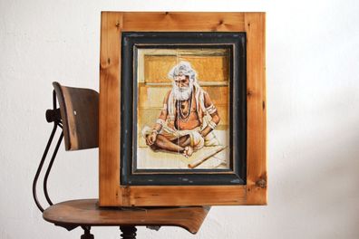 Gemälde handgemalt "Yogi in Kalkutta" Vintage Bild Hindu Wandbild 54 x 46cm
