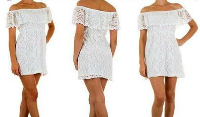SeXy MiSS Damen Spitze Mini Kleid Romantic Tunika Carmen Dress T38 36 weiß