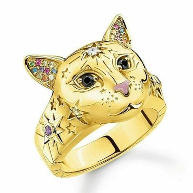 Niedlicher Steine besetzter Katzen Ring vergoldet