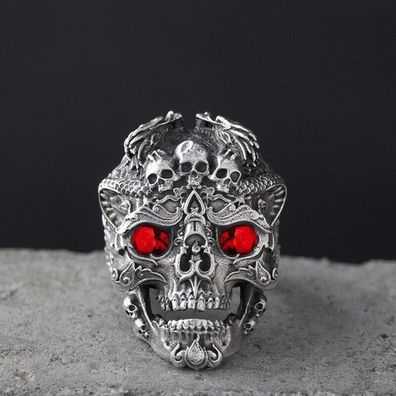 Edelstahl Skull Schädel Unisex Ring mit roten Augen