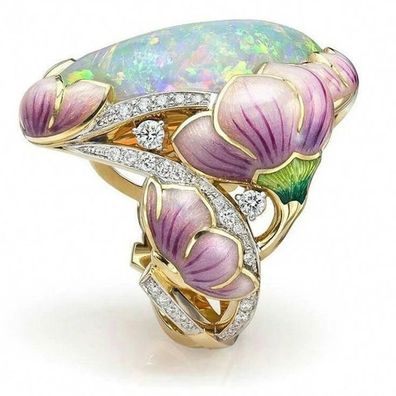 Niedlicher Zirkonia und Lab Opal Blumen Damen Ring