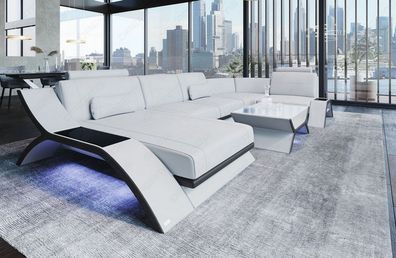 Ledersofa Wohnlandschaft Calabria U Form Sofa mit LED Couch Beleuchtung - USB Port