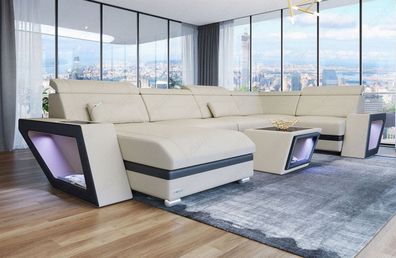 Sofa Wohnlandschaft Catania U Form Elfenbein Microfaser Stoffsofa mit LED Licht