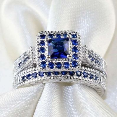 Eleganter 2-teiliger Damen Ring blau/ weißes Design