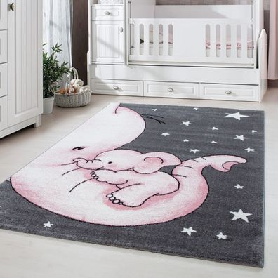 Kinderteppich Kinderzimmer Babyzimmer Niedlicher Elefant Grau Pink Weis Oeko Tex